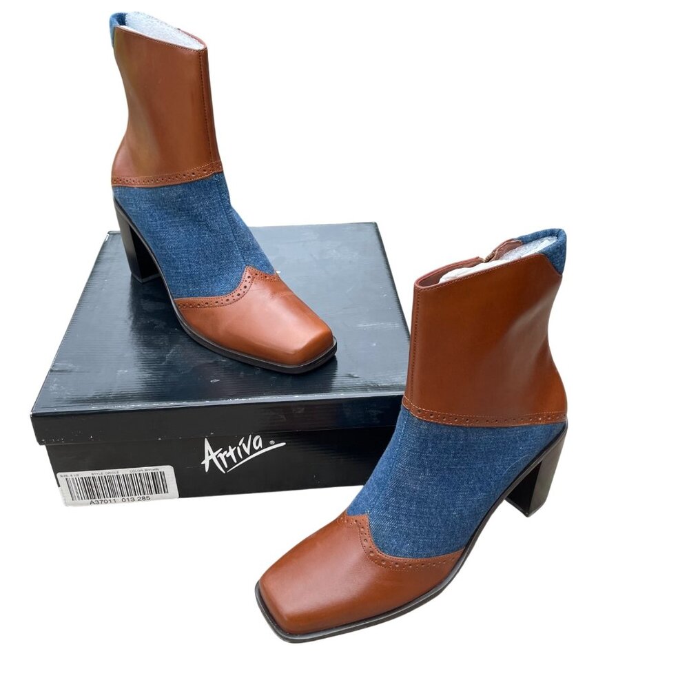 Vintage 90s Y2K Leather & Denim Boots By Attiva Zippered 8.5M NOS Brown